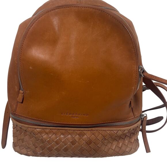 Vintage Liebeskind Berlin Brown Leather Backpack Adjustable Strap Zippered Woven - Picture 1 of 16
